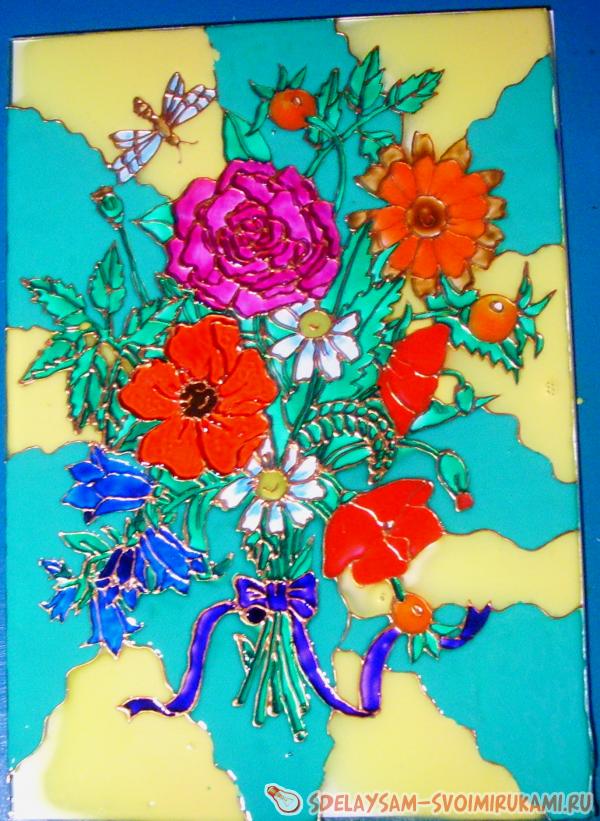 витражная картина с букетом цветов