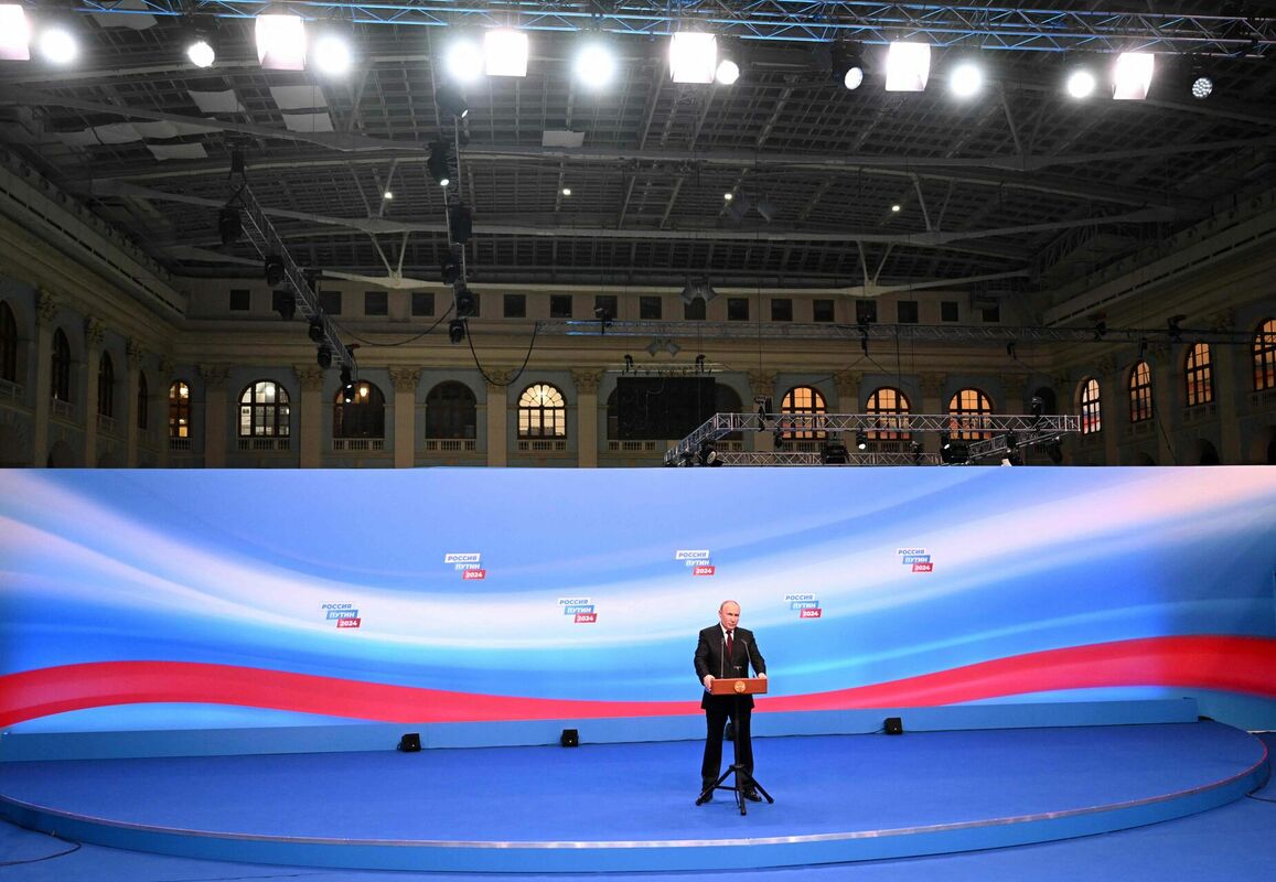 Выступление диктатора Путина в Москве.  Фото: НАТАЛЬЯ КОЛЕСНИКОВА / POOL / AFP / Scanpix